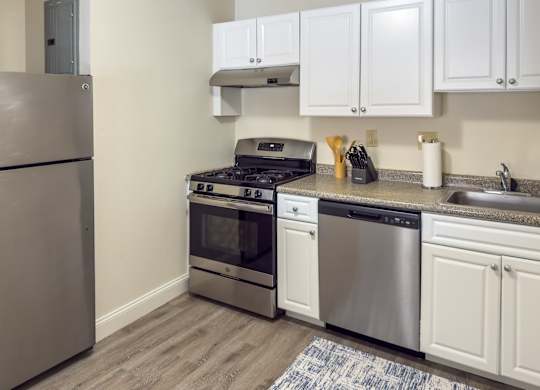 A kitchen with a stainless steel refrigerator, stove, and dishwasher.
