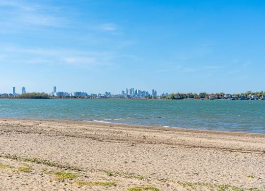 A beach with a city skyline in the background.