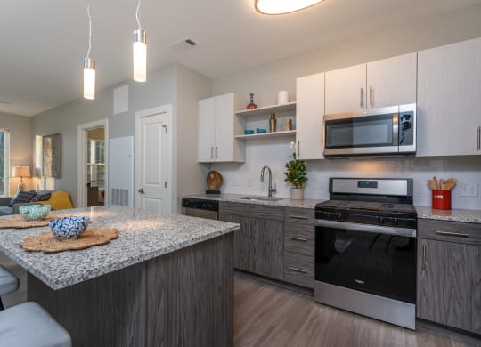 Redbrook model apartment with granite counters, stainless appliances, under cabinet lighting and kitchen island with hanging lights