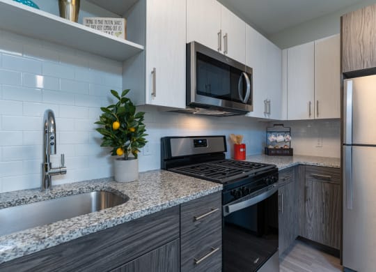 Redbrook model apartment with granite counters, stainless appliances, under cabinet lighting