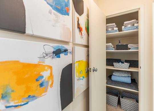 a closet with paintings on the wall and shelves