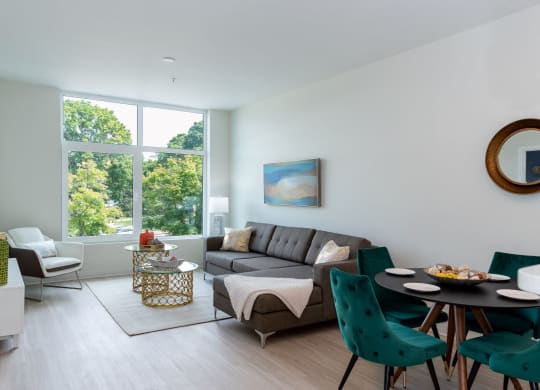 Station Square open concept layout, living and dining