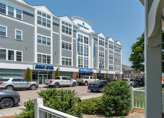 a building with a parking lot in front of it