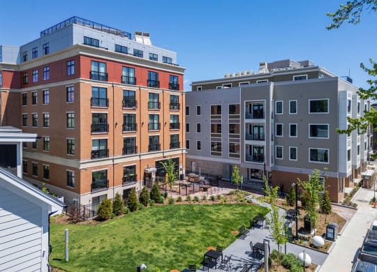 an aerial view of an apartment complex with a lawn  at Union 346, Somerville, MA 02143