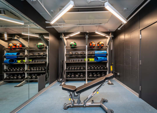 fitness center bench and weight rack at Union 346, Somerville, MA