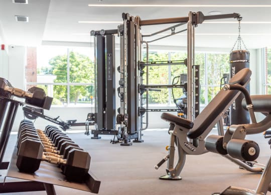 Large fitness center with cardio equipment and free weights in walpole, ma