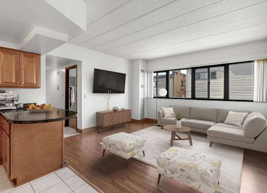 Living Room and Kitchen at Bates Hill Apartments.