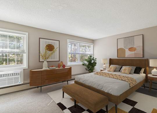 Bedroom Layout With Bright Windows And Queen Sized Bed, Mariners Hill, Marshfield, MA.