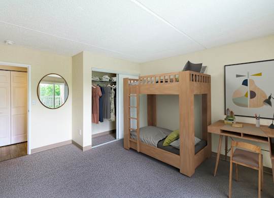 a bunk bed in a room with a desk and a mirror at North Stoughton Village, Massachusetts, 02072
