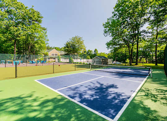 A tennis court surrounded by a fence and trees at at Mariner's Hill Apartments, Massachusetts.