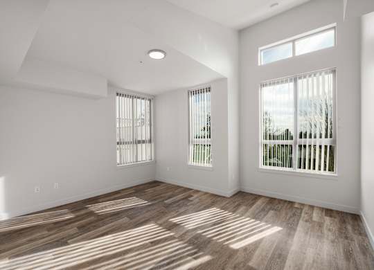 Modern 1-bedroom apartment in Seattle at Bode-88 featuring oversized windows, luxury vinyl plank flooring, and high ceilings