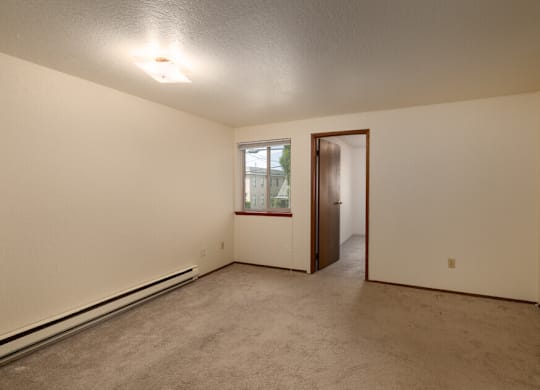 A room with a carpeted floor and a window.