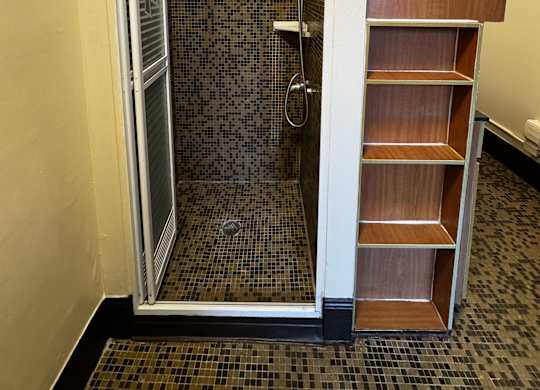 A bathroom with a walk-in shower and a wooden shelf.