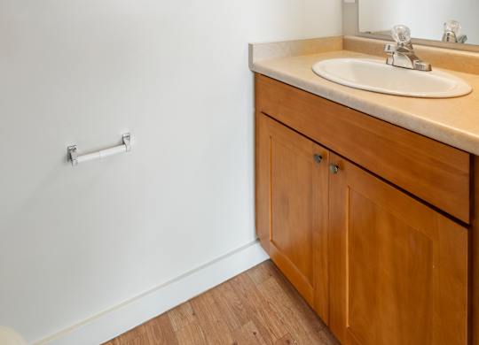 A bathroom with a sink and mirror.