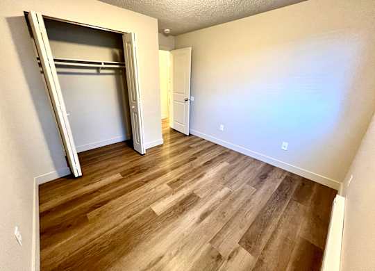 Bedroom 2 of 2 a large closet and vinyl plank flooring. at Bridgeport Terrace Apartments.