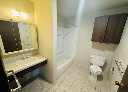 Bathroom in 1-bedroom apartment at Bridgeport Terrace with single-sink vanity, large mirror, tub/shower combo, tile flooring, and wall-mounted storage cabinet.