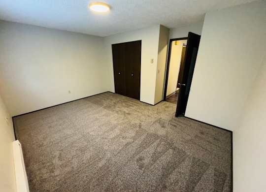 Bedroom with plush carpet, neutral walls, ceiling light, and closet in Bridgeport Terrace 1-bedroom apartment home.
