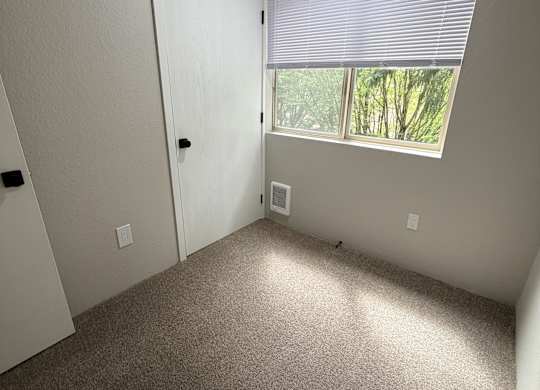 A room with a carpeted floor, a door, and a window with blinds.