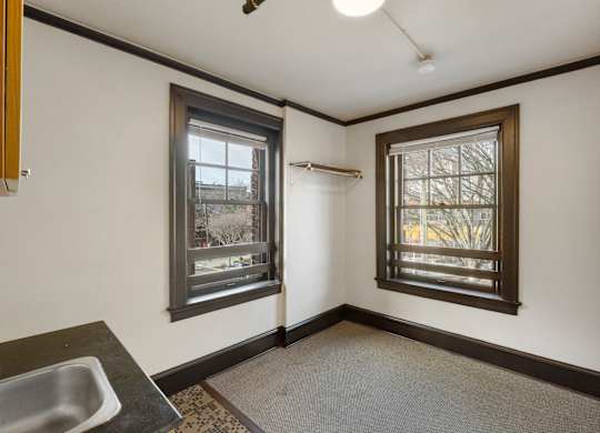 A room with a sink and two windows.