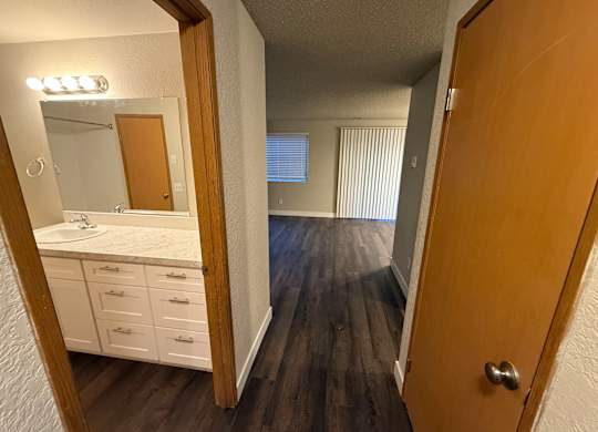 A bathroom with a sink, mirror, and wooden floors.