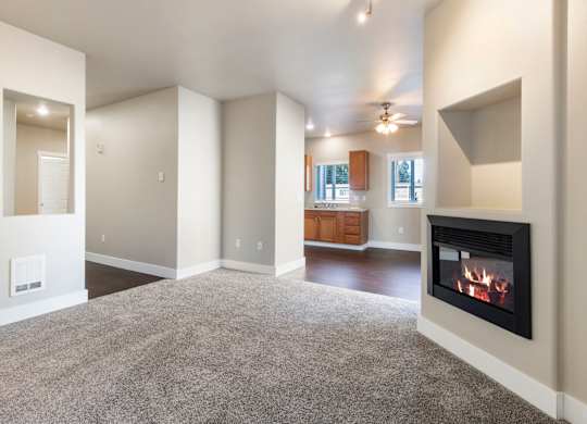 A living room with a fireplace and a grey carpet.