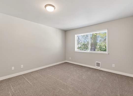 A room with a window and a carpeted floor.