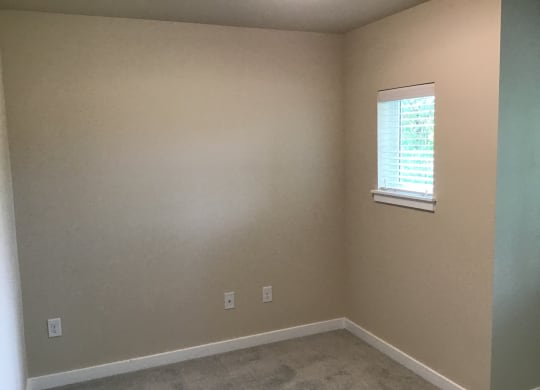a empty room with a window and a carpet