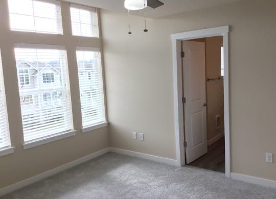 a bedroom with two large windows and a door to a closet