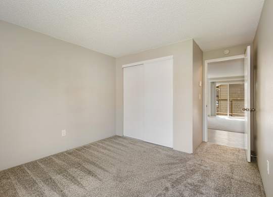 A bedroom with a carpeted floor and closet