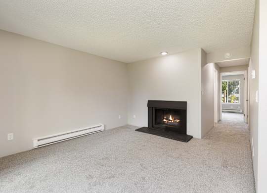 A living room with a fireplace and a carpet in our 1 bedroom apartment at Hillcrest.