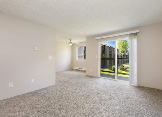 A Living Room with a carpet floor and sliding glass doors leading to a balcony.