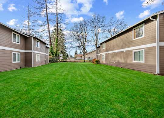 A grassy yard in front of apartment buildings.