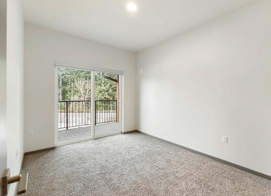 A spacious room with a carpeted floor and a sliding glass door leading to a balcony.