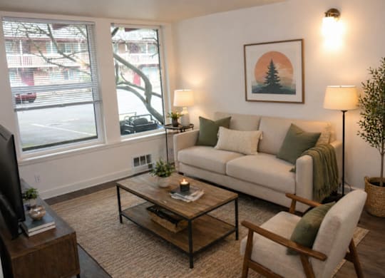 A living room with a couch, chair, and a coffee table.