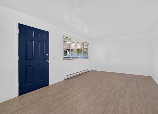 A room with a dark blue door and light wooden flooring.