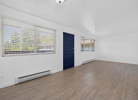A room with a blue door and a window with blinds.