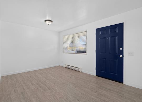 A room with a blue door and a window with blinds.