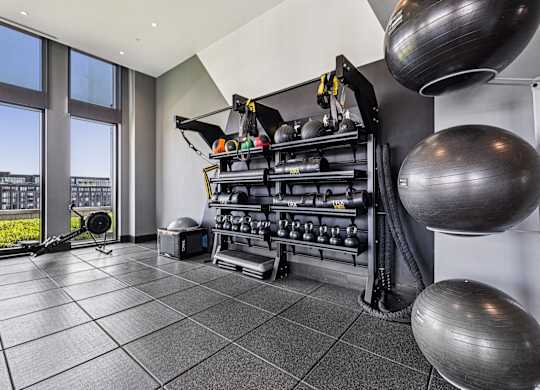 A gym with a black weight rack and a black mat.
