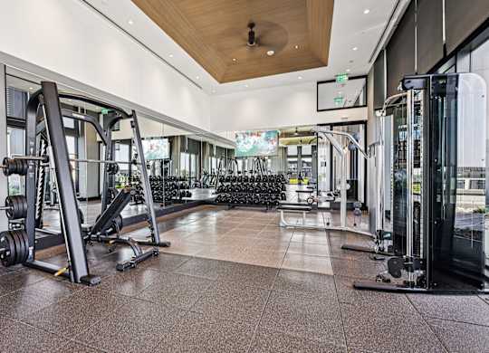 A gym with a variety of equipment including a leg press machine.