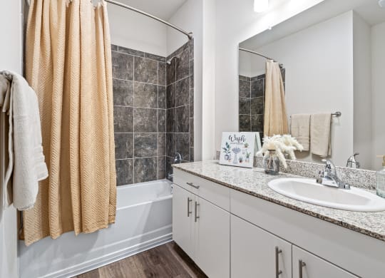 a bathroom with a sink and a shower and a mirror at The Met Apartment Homes, Hattiesburg, 39402