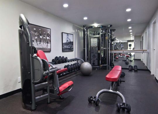 Modern fitness center with cardio and weightlifting equipment at Camelot East Apartments, Fairfield, 45014