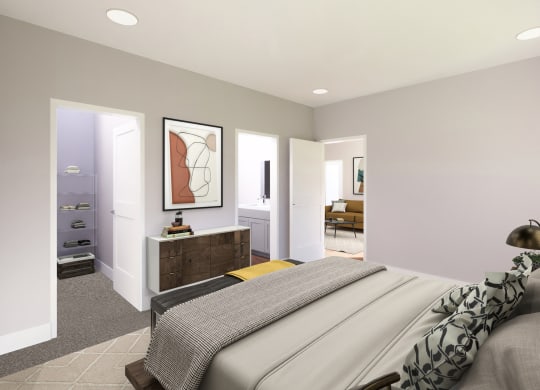 a bedroom with a bed and a dresser and a bathroom