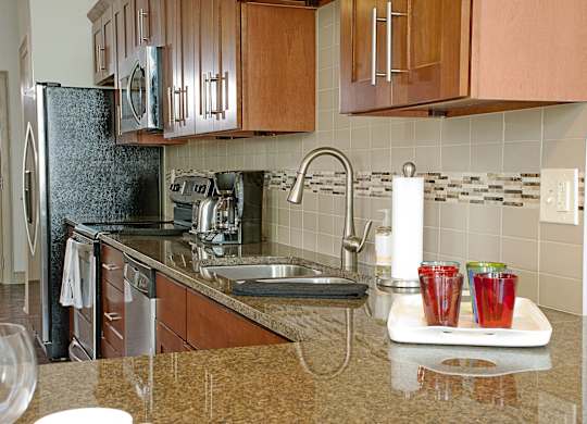 a kitchen with a sink and a counter with drinks on a tray at 100 South Apartments, Buffalo, NY