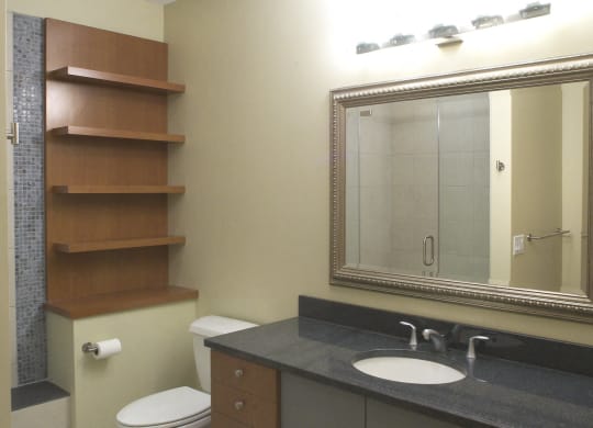 a bathroom with a toilet and a sink and a mirror at The Granite Works Apartments , Buffalo, 14202