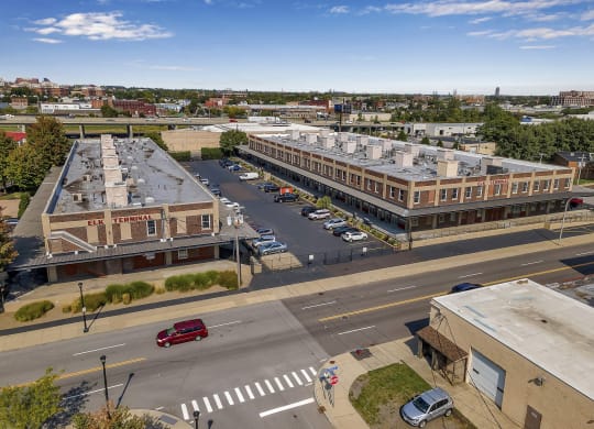an aerial view of a city street and buildings at The Lofts at Elk Terminal, Buffalo