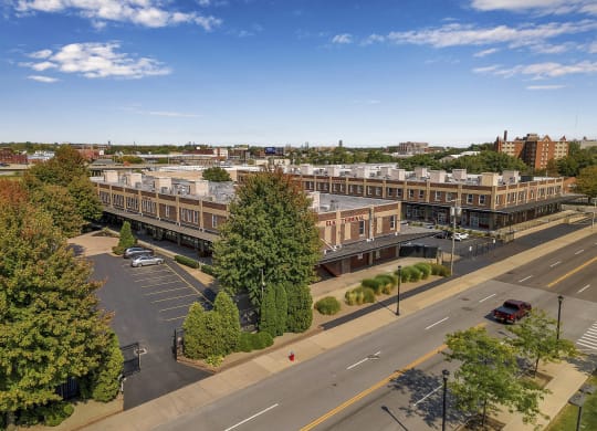 an aerial view of a city street and some buildings at The Lofts at Elk Terminal, Buffalo, NY, New York