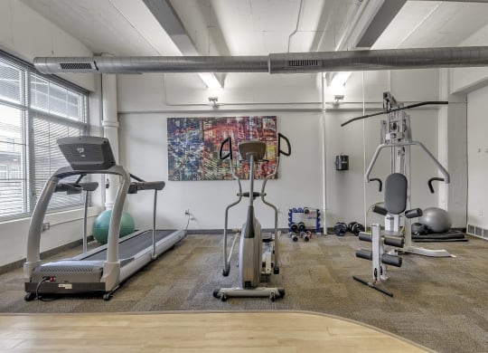 Fitness Center With Modern Equipment at The Lofts at Elk Terminal, Buffalo, NY