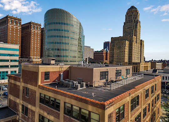 a view of the city from the roof of a building at 100 South Apartments, Buffalo, NY 14202