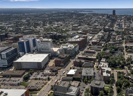 an aerial view of the city at Nineteen North, Buffalo, 14202