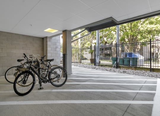 a group of bikes parked in a parking garage at Nineteen North, Buffalo, New York